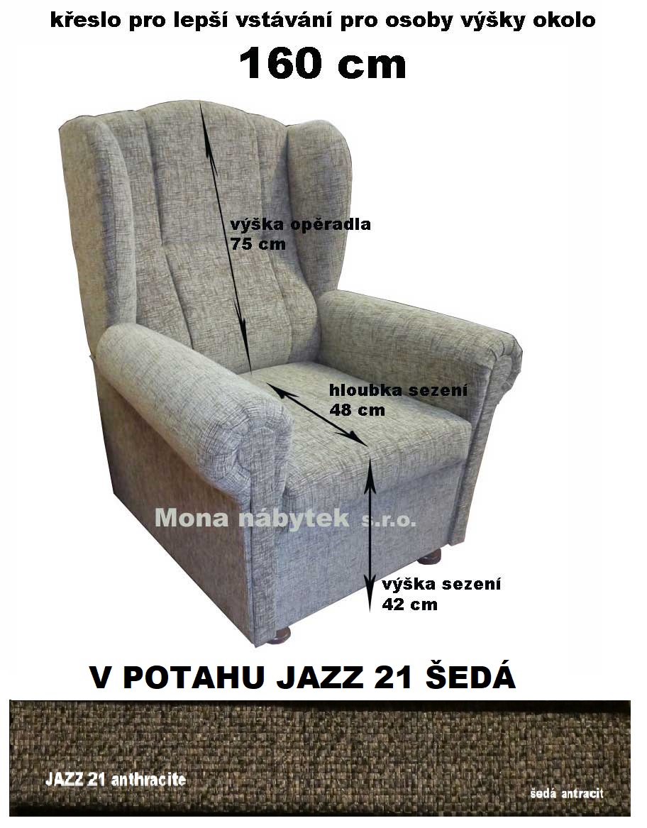 křeslo ušák CI osoby 160 cm, sedák: výška 42cm, hl. 48cm, Jazz 21