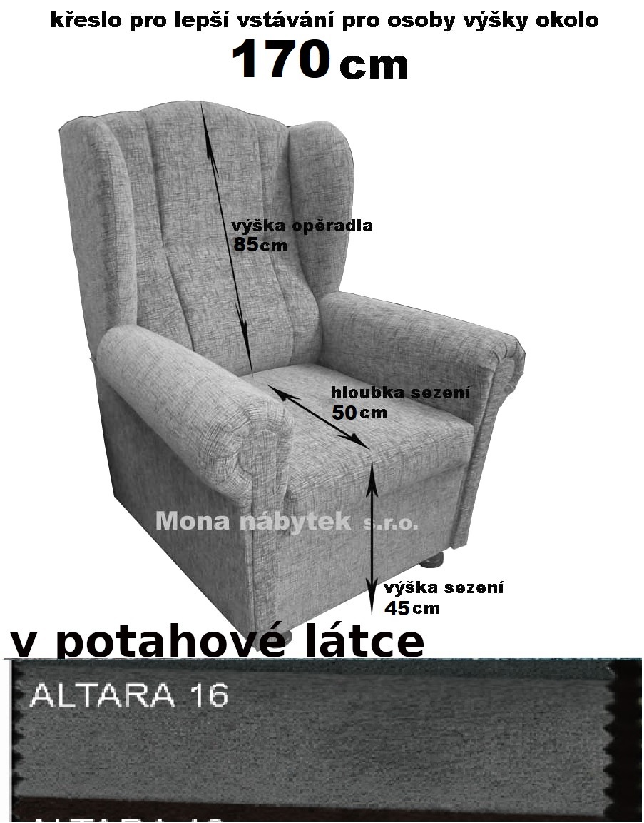 křeslo ušák Ci - pro osoby výšky 170cm, výš. 45cm, hl. 50cm, Altara 16 šedá
